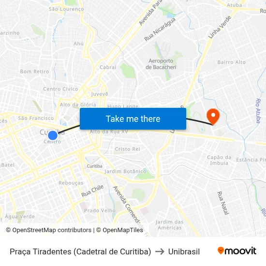 Praça Tiradentes (Cadetral de Curitiba) to Unibrasil map