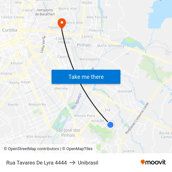 Rua Tavares De Lyra 4444 to Unibrasil map