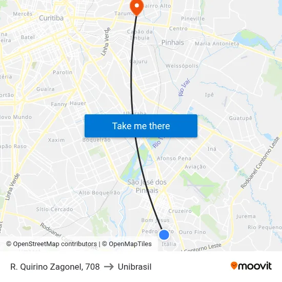 R. Quirino Zagonel, 708 to Unibrasil map