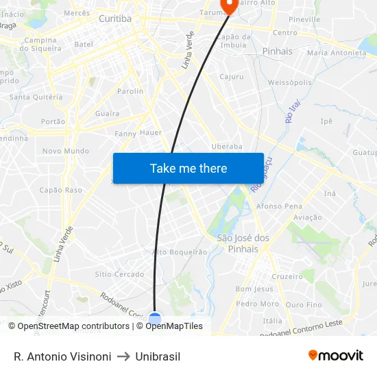 R. Antonio Visinoni to Unibrasil map