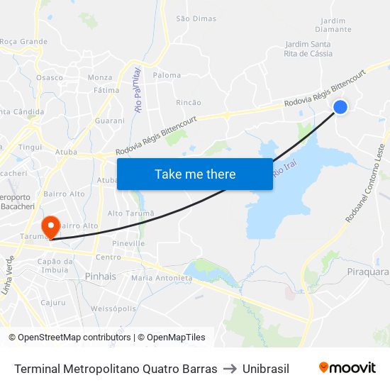 Terminal Metropolitano Quatro Barras to Unibrasil map