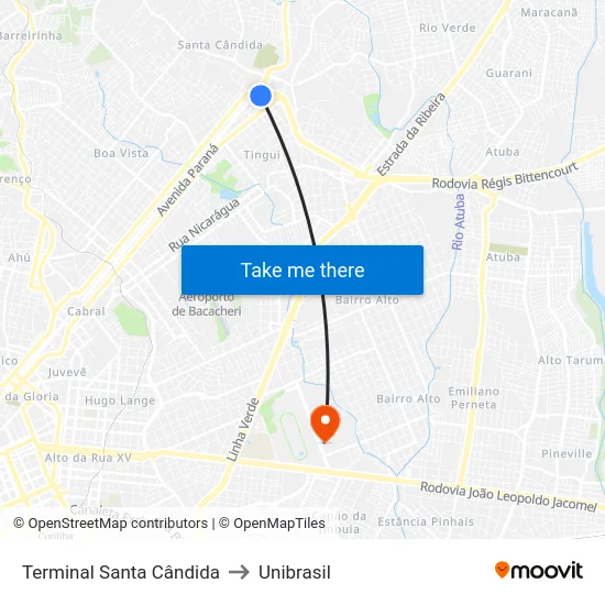 Terminal Santa Cândida to Unibrasil map
