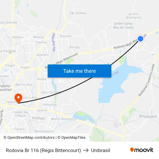 Rodovia Br 116 (Régis Bittencourt) to Unibrasil map