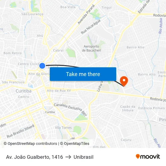 Av. João Gualberto, 1416 to Unibrasil map