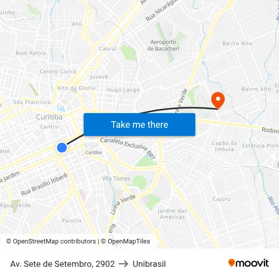 Av. Sete de Setembro, 2902 to Unibrasil map