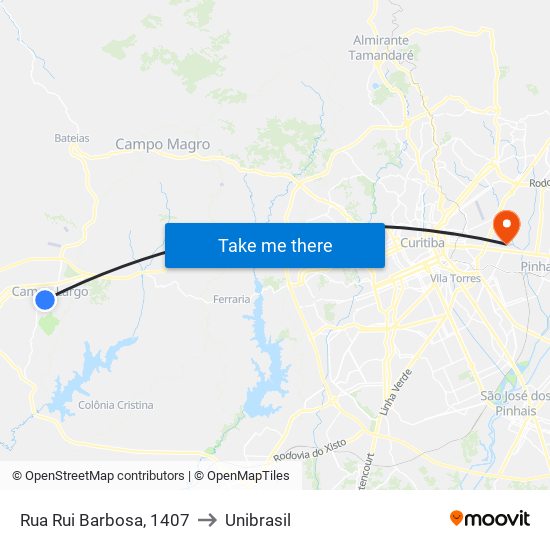 Rua Rui Barbosa, 1407 to Unibrasil map