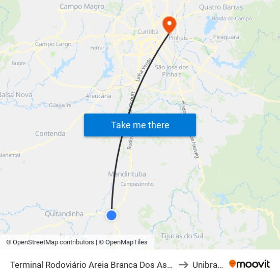 Terminal Rodoviário Areia Branca Dos Assis to Unibrasil map