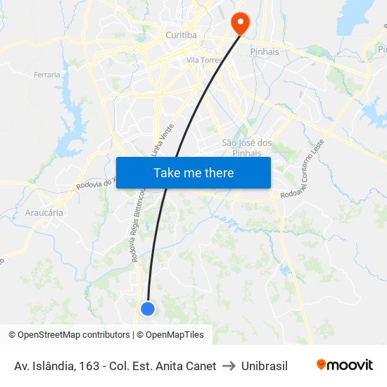Av. Islândia, 163 - Col. Est. Anita Canet to Unibrasil map