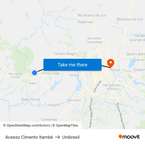 Acesso Cimento Itambé to Unibrasil map