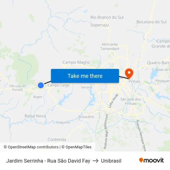 Jardim Serrinha - Rua São David Fay to Unibrasil map