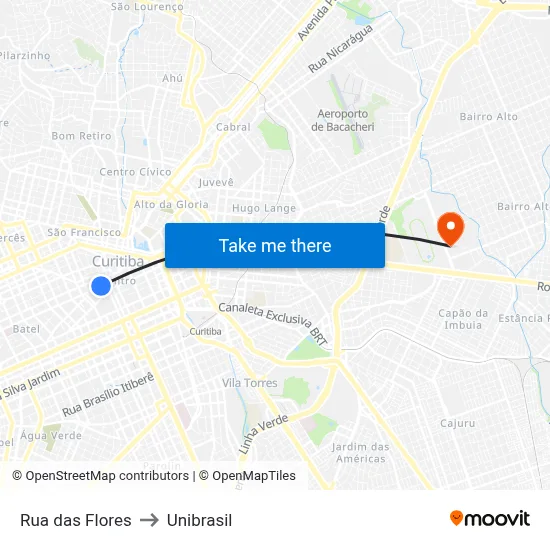 Rua das Flores to Unibrasil map