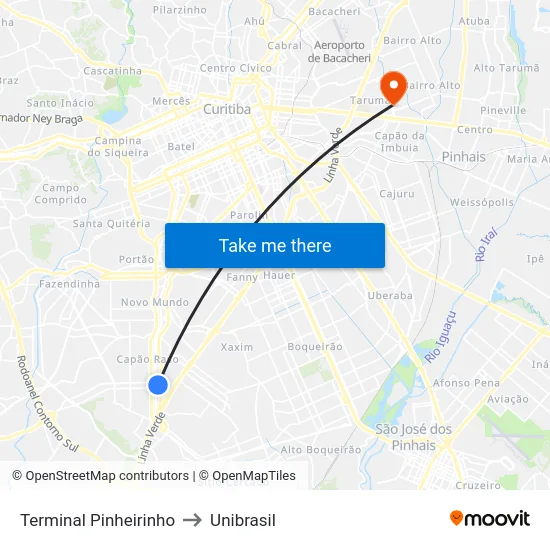 Terminal Pinheirinho to Unibrasil map