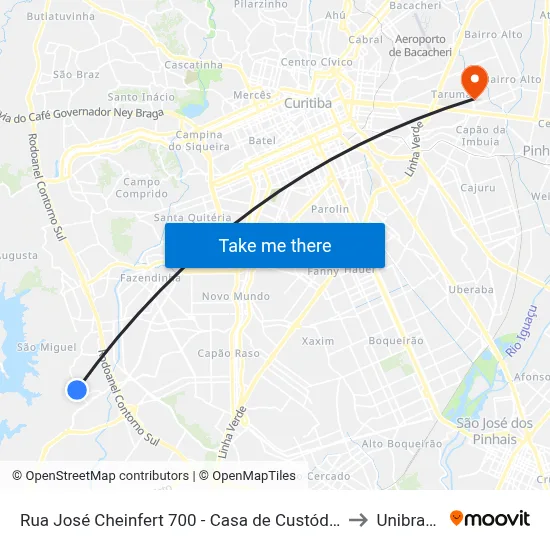 Rua José Cheinfert 700 - Casa de Custódia to Unibrasil map