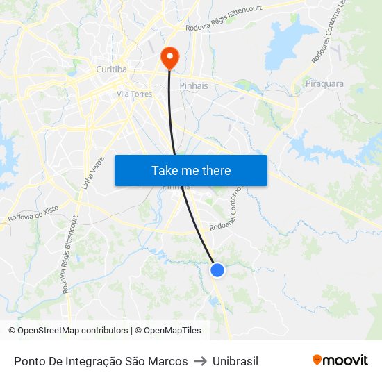 Ponto De Integração São Marcos to Unibrasil map