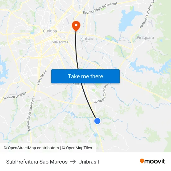 SubPrefeitura São Marcos to Unibrasil map
