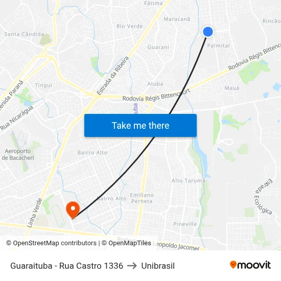 Guaraituba - Rua Castro 1336 to Unibrasil map