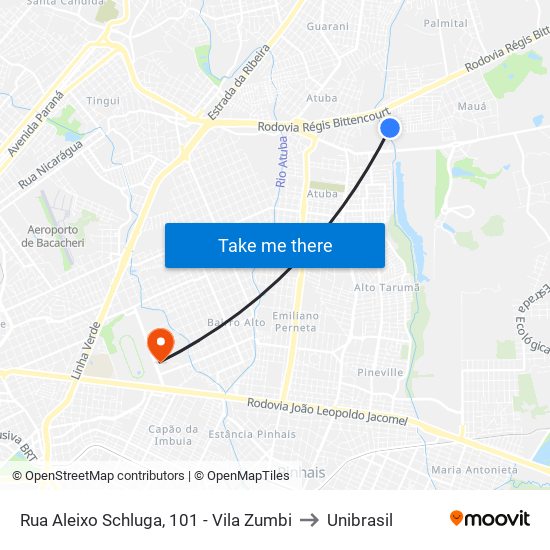 Rua Aleixo Schluga, 101 - Vila Zumbi to Unibrasil map