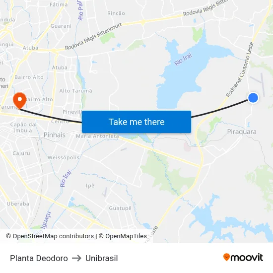 Planta Deodoro to Unibrasil map