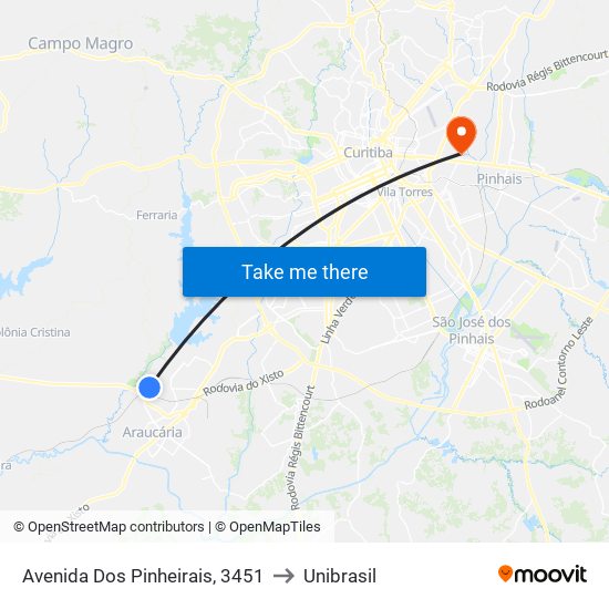 Avenida Dos Pinheirais, 3451 to Unibrasil map