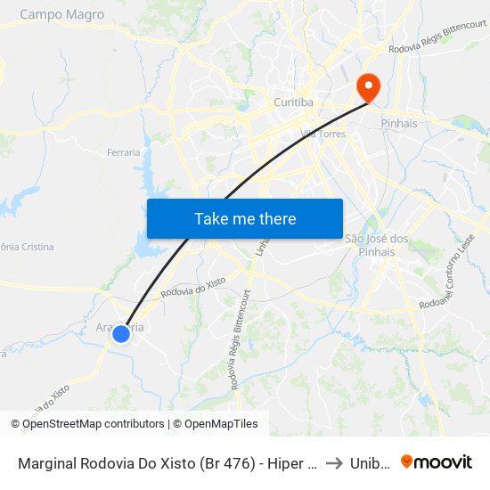 Marginal Rodovia Do Xisto (Br 476) - Hiper Condor Araucária to Unibrasil map