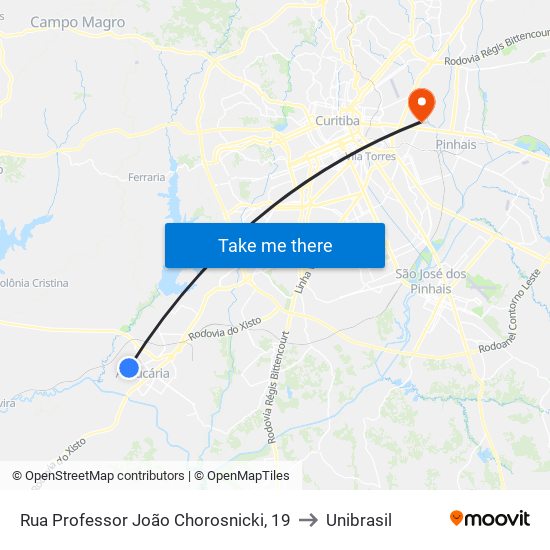 Rua Professor João Chorosnicki, 19 to Unibrasil map