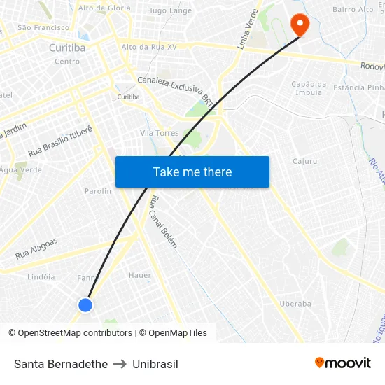 Santa Bernadethe to Unibrasil map