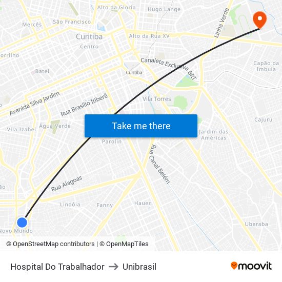 Hospital Do Trabalhador to Unibrasil map