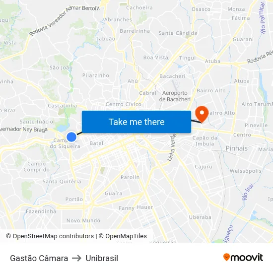 Gastão Câmara to Unibrasil map
