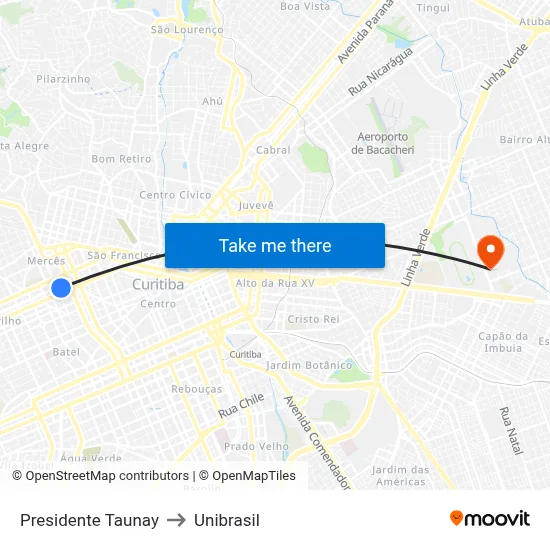 Presidente Taunay to Unibrasil map
