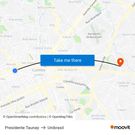 Presidente Taunay to Unibrasil map