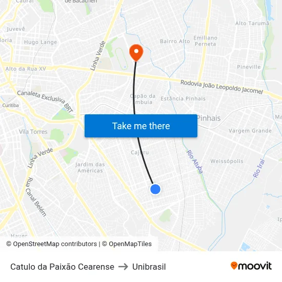 Catulo da Paixão Cearense to Unibrasil map