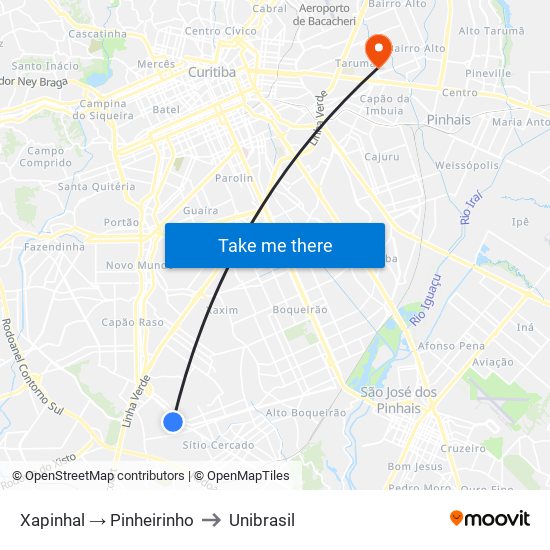 Xapinhal → Pinheirinho to Unibrasil map