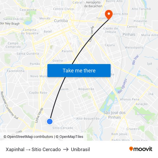 Xapinhal → Sítio Cercado to Unibrasil map