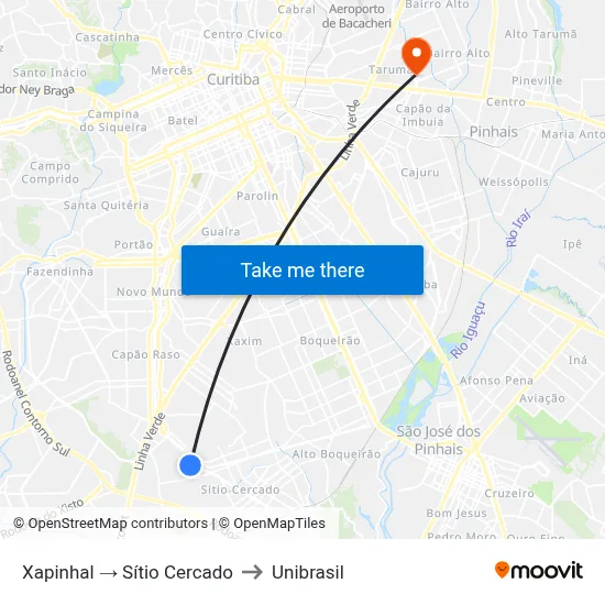 Xapinhal → Sítio Cercado to Unibrasil map