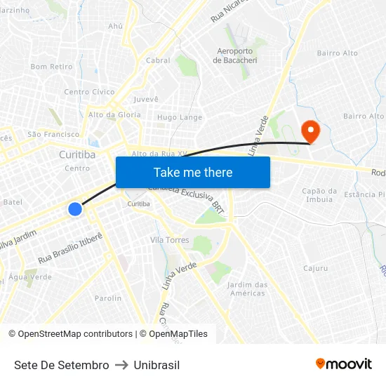 Sete De Setembro to Unibrasil map