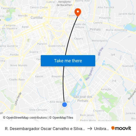 R. Desembargador Oscar Carvalho e Silva, 210 to Unibrasil map