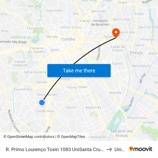 R. Primo Lourenço Tosin 1083 UniSanta Cruz / Laboratório Municipal to Unibrasil map