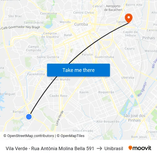Vila Verde - Rua Antônia Molina Bella 591 to Unibrasil map