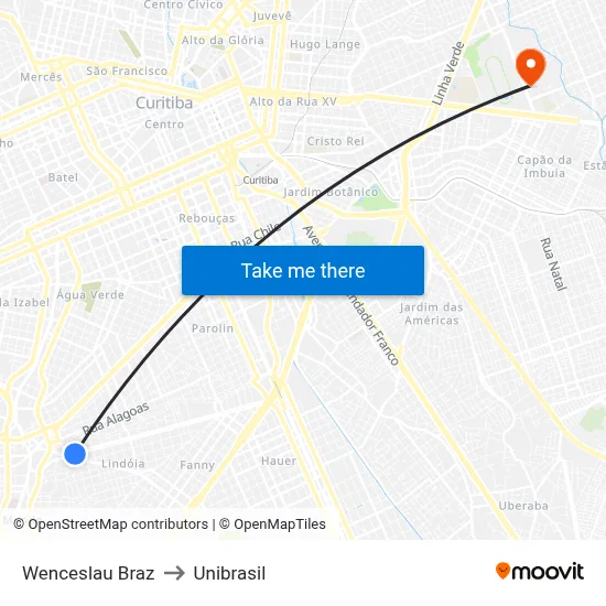 Wenceslau Braz to Unibrasil map