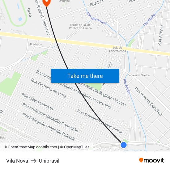 Vila Nova to Unibrasil map