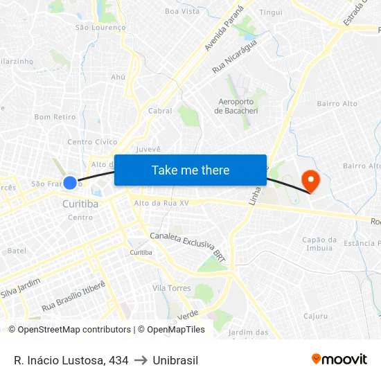 R. Inácio Lustosa, 434 to Unibrasil map