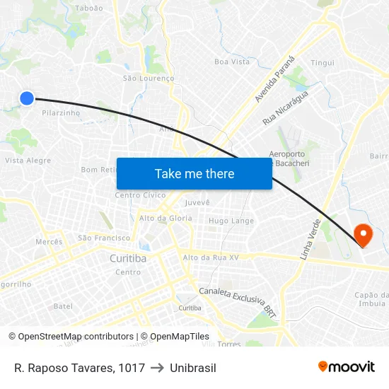 R. Raposo Tavares, 1017 to Unibrasil map