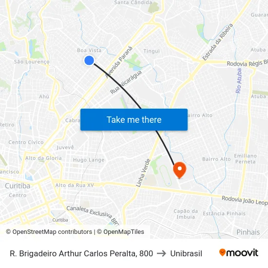 R. Brigadeiro Arthur Carlos Peralta, 800 to Unibrasil map