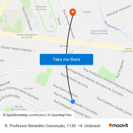 R. Professor Benedito Conceição, 1130 to Unibrasil map