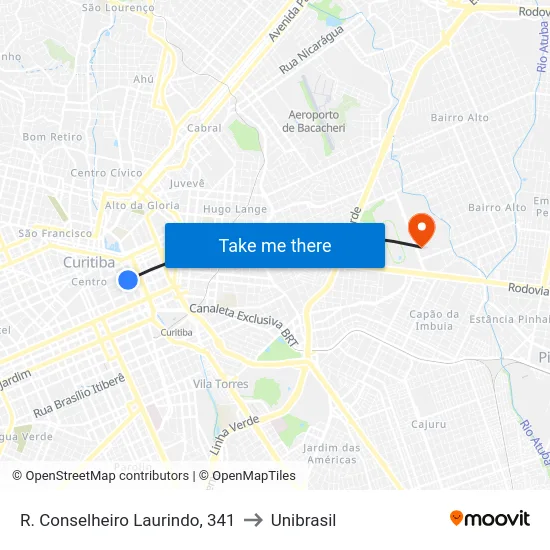 R. Conselheiro Laurindo, 341 to Unibrasil map