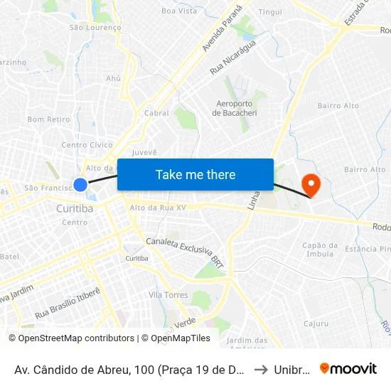 Av. Cândido de Abreu, 100 (Praça 19 de Dezembro) to Unibrasil map
