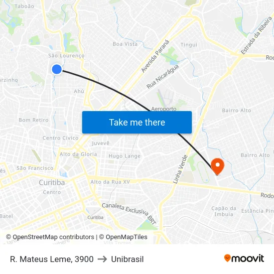 R. Mateus Leme, 3900 to Unibrasil map