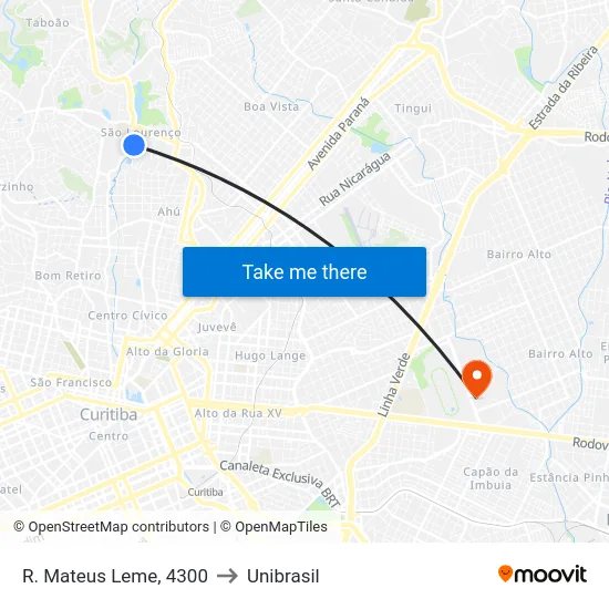 R. Mateus Leme, 4300 to Unibrasil map