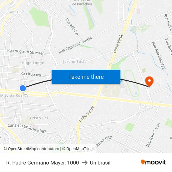 R. Padre Germano Mayer, 1000 to Unibrasil map