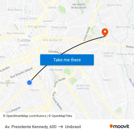 Av. Presidente Kennedy, 600 to Unibrasil map